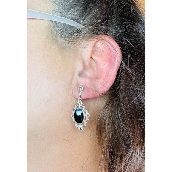 Vintage Sterling Silver 925 Marcasite Black Onyx Drop Dangle Earrings 5.2g - Picture 4 of 8
